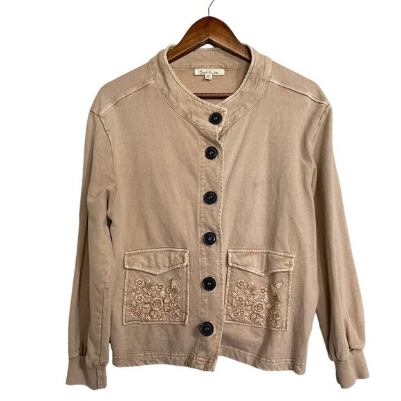 Solitaire Womens Tan Khaki Button Up Embroidered Pockets Bohemian Sweater Medium - Picture 1 of 6